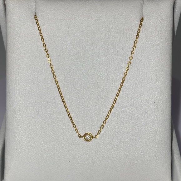 Solid 14K Yellow Gold Natural Diamond Solitaire XS Bezel Necklace Minimalist - Picture 3 of 13